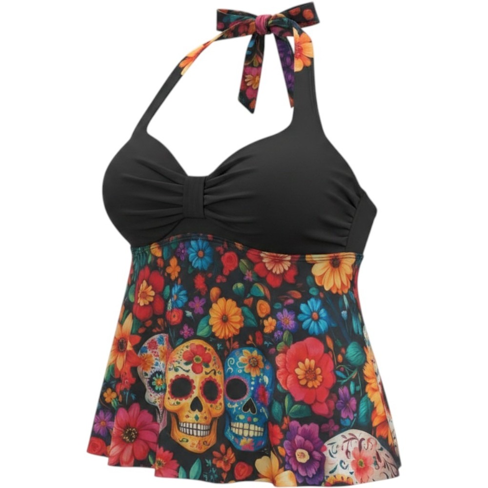 Sugar Skull Floral Tankini Set Halter Top Boy Shorts Swimsuit XL Black Multi